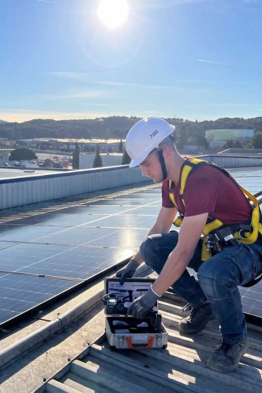 photovoltaique pro intervention technique garage plan de campagne Technicien Sérénit’Aix intervenant sur une installation professionnelle de photovoltaïque en toiture bac acier d’un garage automobile à Plan de Campagne.