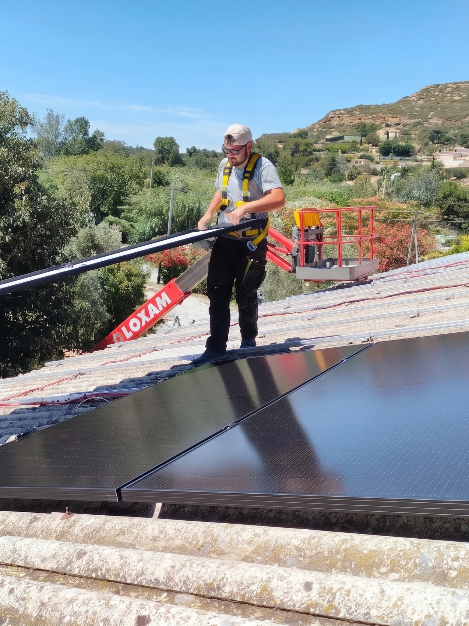 Installation de panneaux solaires sur un toit.